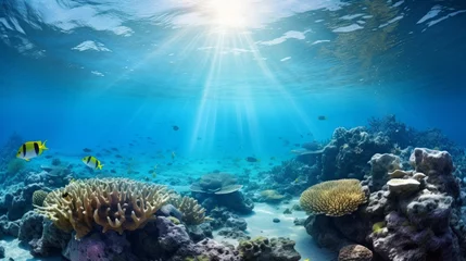 Foto op Aluminium Submerged coral reef scene super wide standard foundation within the profound blue sea © Elchin Abilov