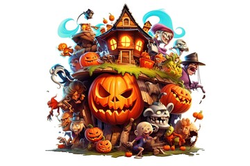 Halloween pumpkin and dark castle on white background. Halloween pumpkin