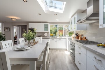 The interior of the white kitchen room is decorated in a modern home style with contemporary furniture.