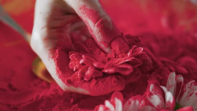 cinematic closeup of a woman coating white flowers with Gulal before the very famous Holi Festival takes place in a poor city in india.