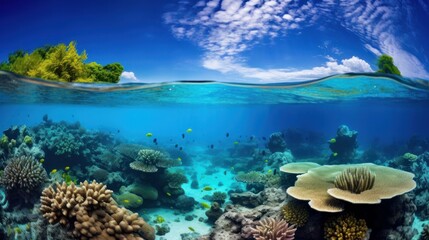 Submerged coral reef scene super wide standard foundation within the profound blue sea