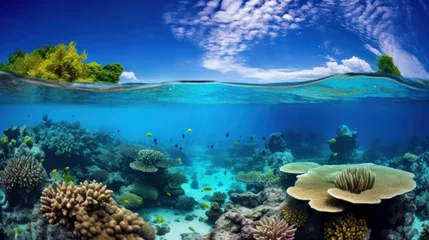  Submerged coral reef scene super wide standard foundation within the profound blue sea © Elchin Abilov