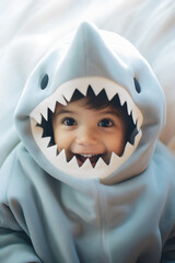 portrait of happy toddler wearing shark onesie costume 