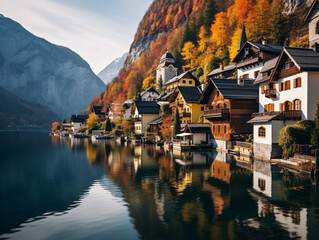 Naklejka premium houses on the shore of lake