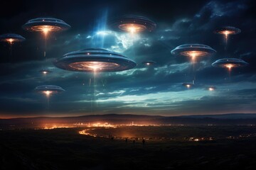Aliens spaceships, Mystery ufo on sky, Generative AI