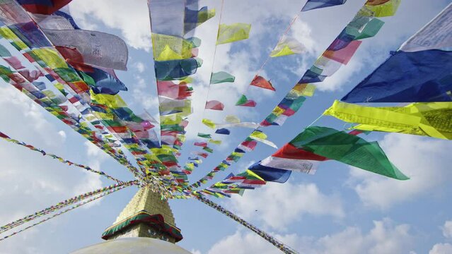 Tilt From Prayer Flags To Religious Building In Nepal