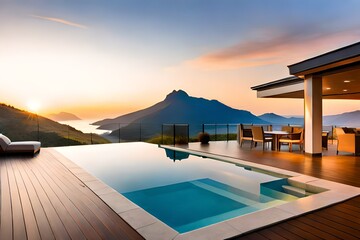 luxury swimming pool at sunset