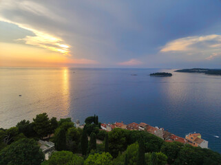 sunset over the Adriatic Sea in Rovinj, seen from the top of the church tower