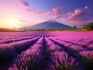 lavender field at sunrise and mountain