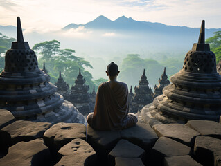 monk meditate Infront of Buddhist pagoda