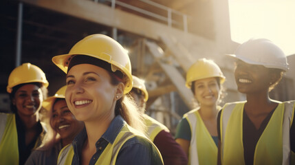 A Diverse Group of Happy Women in Helmets at a Construction Site, Captured in a Joyful Portrait as They Contribute to the World of Construction.