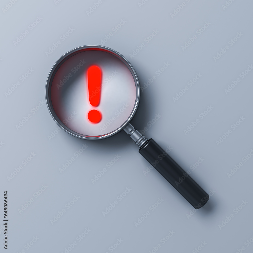 Poster magnifying glass with red neon light exclamation mark isolated on white grey wall background with sh