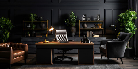 Fototapeta na wymiar Dark interior with wooden finishes with large table and comfortable armchairs in empty meeting room, stylish office room, generative Ai