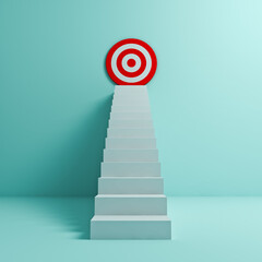 White stairs to goal target dartboard the business creative idea concepts on light blue green pastel color wall background with shadow minimal concept 3D rendering