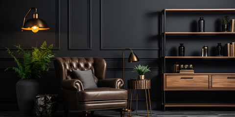 A brown leather couch in a living room with a black wall behind it, Minimal industrial living room with black leather sofa metal accents and raw brick wall background the, generative Ai