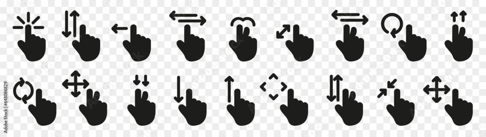 Fototapete Touch screen with hand gesture click icon collection. Hand click pointer sign. Set of black click gesture hand