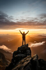 Fototapeta na wymiar person standing on top of mountain peak celebrating holding up arms looking at sunrise or sunset, success