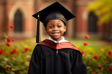 Little afro american boy in robe and college graduate cap