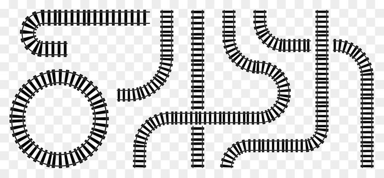 Rails or railways element collection. Straight, wavy rails railway on top view. Train track, rail road element
