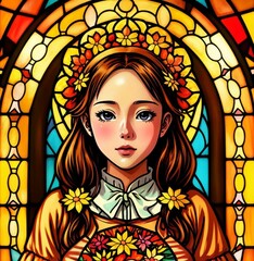 Stained glass girl with golden fall season colors including shades of orange, brown, yellow and gold