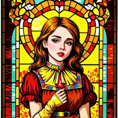 Stained glass girl with golden fall season colors including shades of orange, brown, yellow and gold