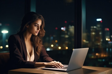 Young busy Latin business woman executive working on laptop at night in dark corporate office. - obrazy, fototapety, plakaty
