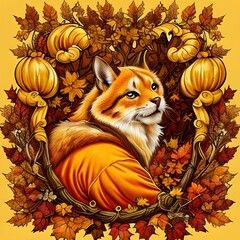 Cute fantasy fox with golden autumn colors including shades of orange, brown, yellow and gold.