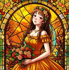 Stained glass bride girl with golden fall season colors including shades of orange, brown, yellow and gold.