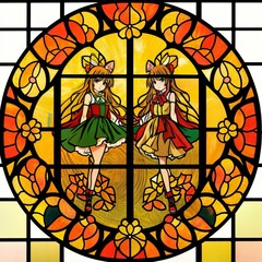 Two stained glass anime girls with golden colors of the fall season including shades of orange, brown, yellow and gold