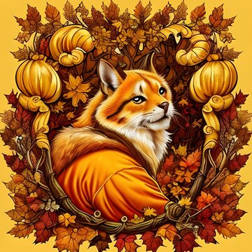 Cute fantasy fox with golden autumn colors including shades of orange, brown, yellow and gold.