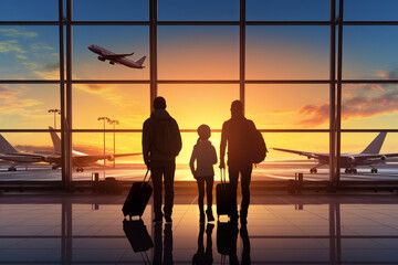 Family travel, showcasing silhouette figures of family members inside an airport terminal. - obrazy, fototapety, plakaty