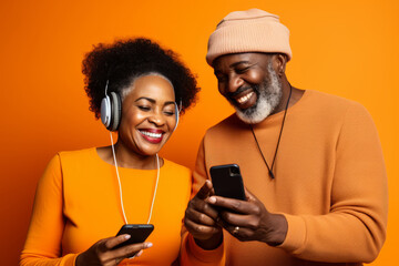 attractive mature black woman and black man with phone on studio color background.