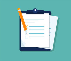 Checklist document. Business office documents with folder in a flat design. Paper document with checklist. Agreement, contract, check, audit document