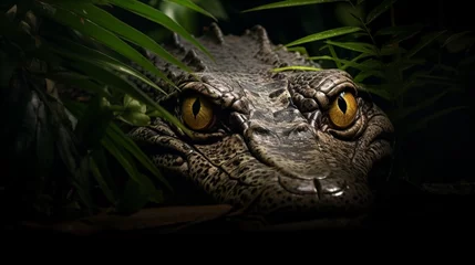 Fototapeten a caiman crocodile lurking in the shadows of a mangrove forest, its eyes and snout partially concealed as it waits for opportunity © ishtiaaq