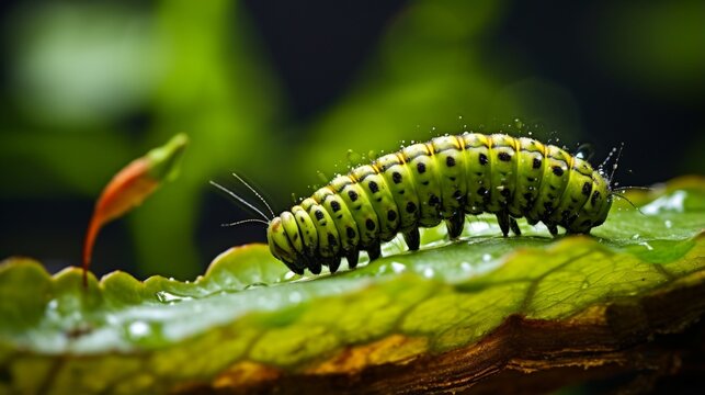 a caterpillar inching its way along a leaf, highlighting the fascinating transformation it will undergo in the future