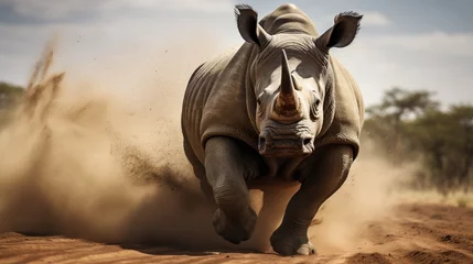 Fotobehang a charging rhinoceros on the African plains, a symbol of resilience © ishtiaaq