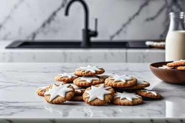 Freshly baked Christmas cookies arranged nn a  pristine white marble kitchen countertop.
