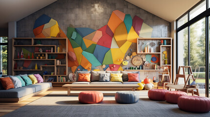 A beautiful Interior design of a colorful kindergarten, educational playroom, kid learning space,...