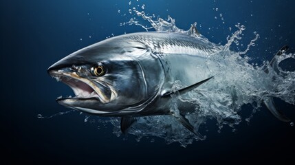 Tuna fish swims underwater on background of the ocean. Tuna Sea fish. Horizontal banner poster....