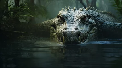 Fototapeten a crocodile lurking beneath the surface of a serene river, its powerful presence hidden beneath the water's edge © ishtiaaq