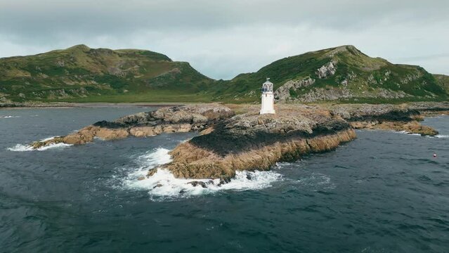 Isle of Bute, UK, July 2023, Rubh an Eun Lighthouse in Glencallum Bay