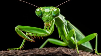 a curious praying mantis, its forelimbs folded in a characteristic pose, as it gazes with its striking green eyes