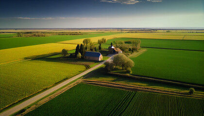 Aerial view of a rural landscape with green fields and plants and agricultural farm land of natural background, Ai generated image - obrazy, fototapety, plakaty