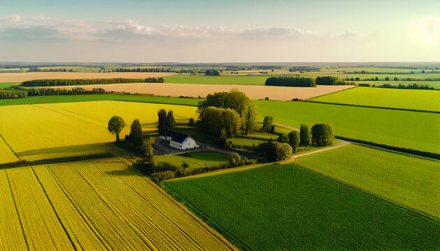 Aerial view of a rural landscape with green fields and plants and agricultural farm land of natural background, Ai generated image