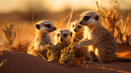 a family of meerkats foraging for food in the golden sands of the Kalahari Desert, their teamwork in action - obrazy, fototapety, plakaty