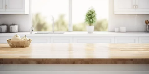 Fotobehang Rustic charm countertop. Empty wooden table space in kitchen. Urban elegance. Minimalist interior design. Morning light © Wuttichai