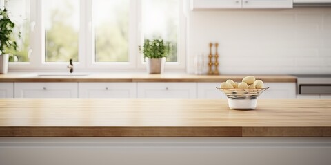 Rustic charm countertop. Empty wooden table space in kitchen. Urban elegance. Minimalist interior design. Morning light