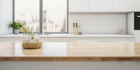 Fototapeta na wymiar Rustic charm countertop. Empty wooden table space in kitchen. Urban elegance. Minimalist interior design. Morning light