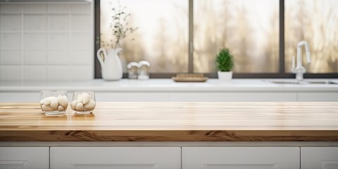 Rustic charm countertop. Empty wooden table space in kitchen. Urban elegance. Minimalist interior design. Morning light