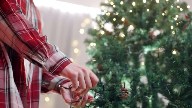 Woman in red squares printed dress untangling warm Christmas lights and decorating tree branches in room, blinking Christmas ornaments on winter spruce tree, Christmas decoration and winter holidays